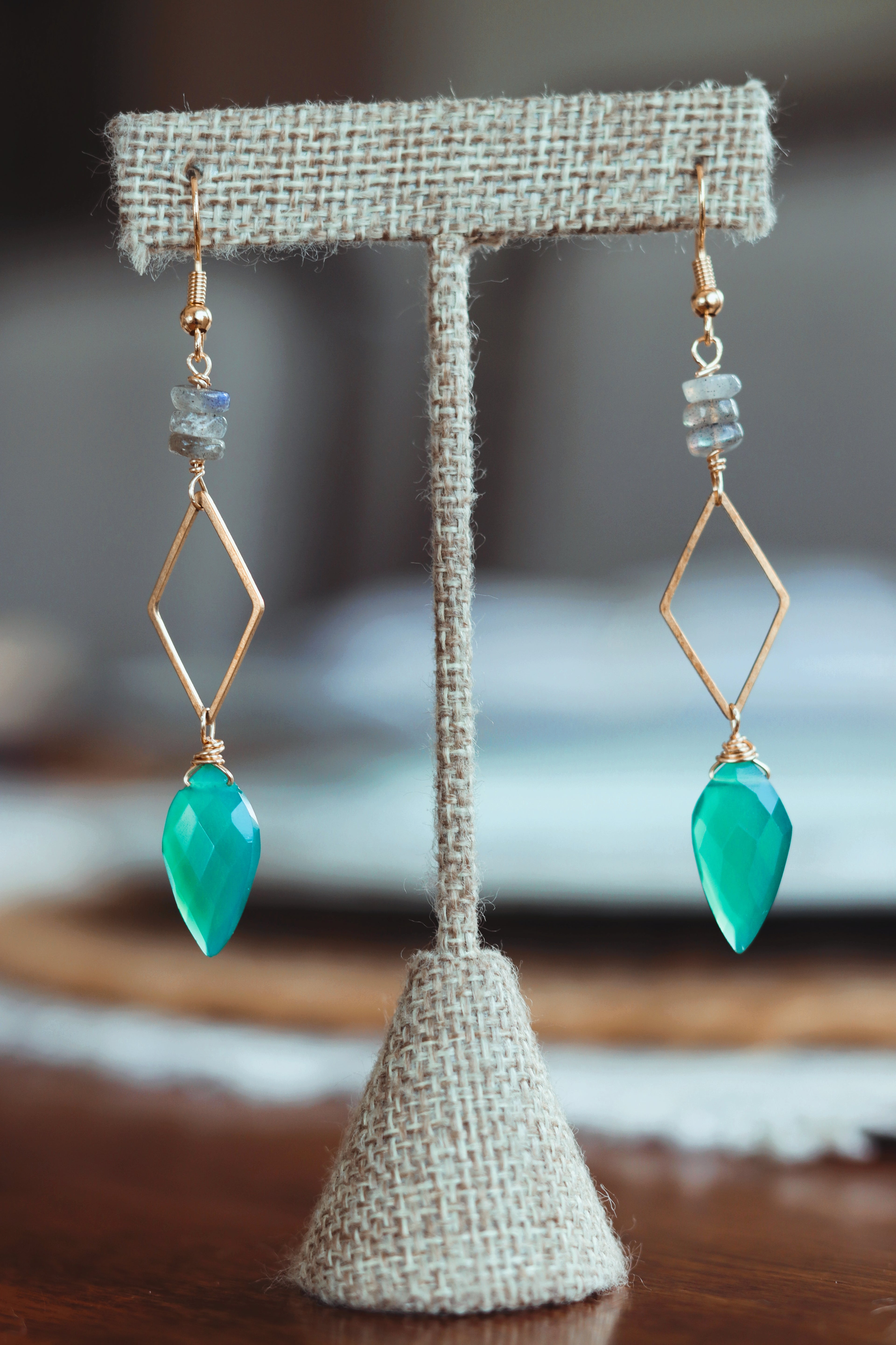 Jade drop with brass triangle and labradorite