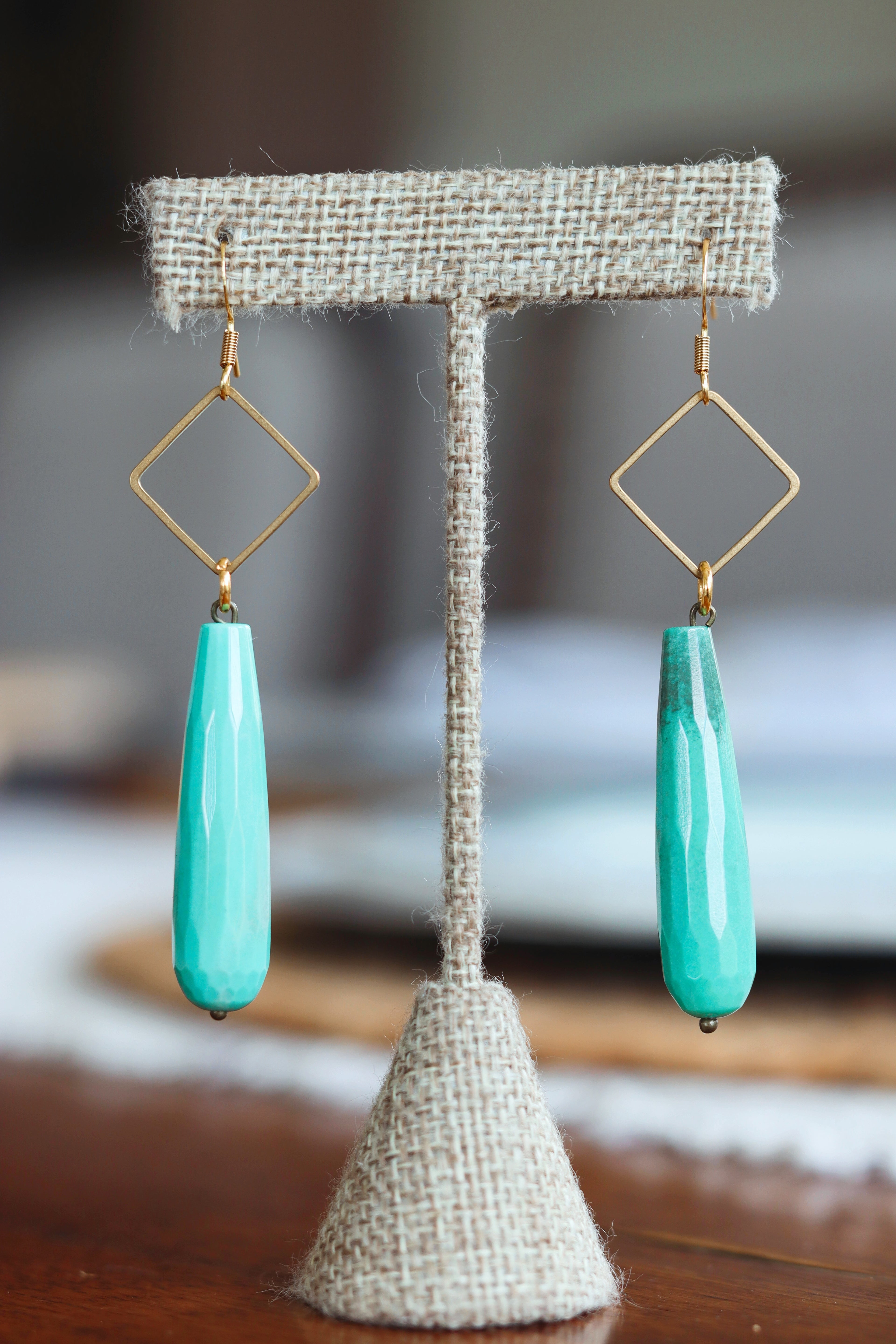 Mint green drops with brass square earrings