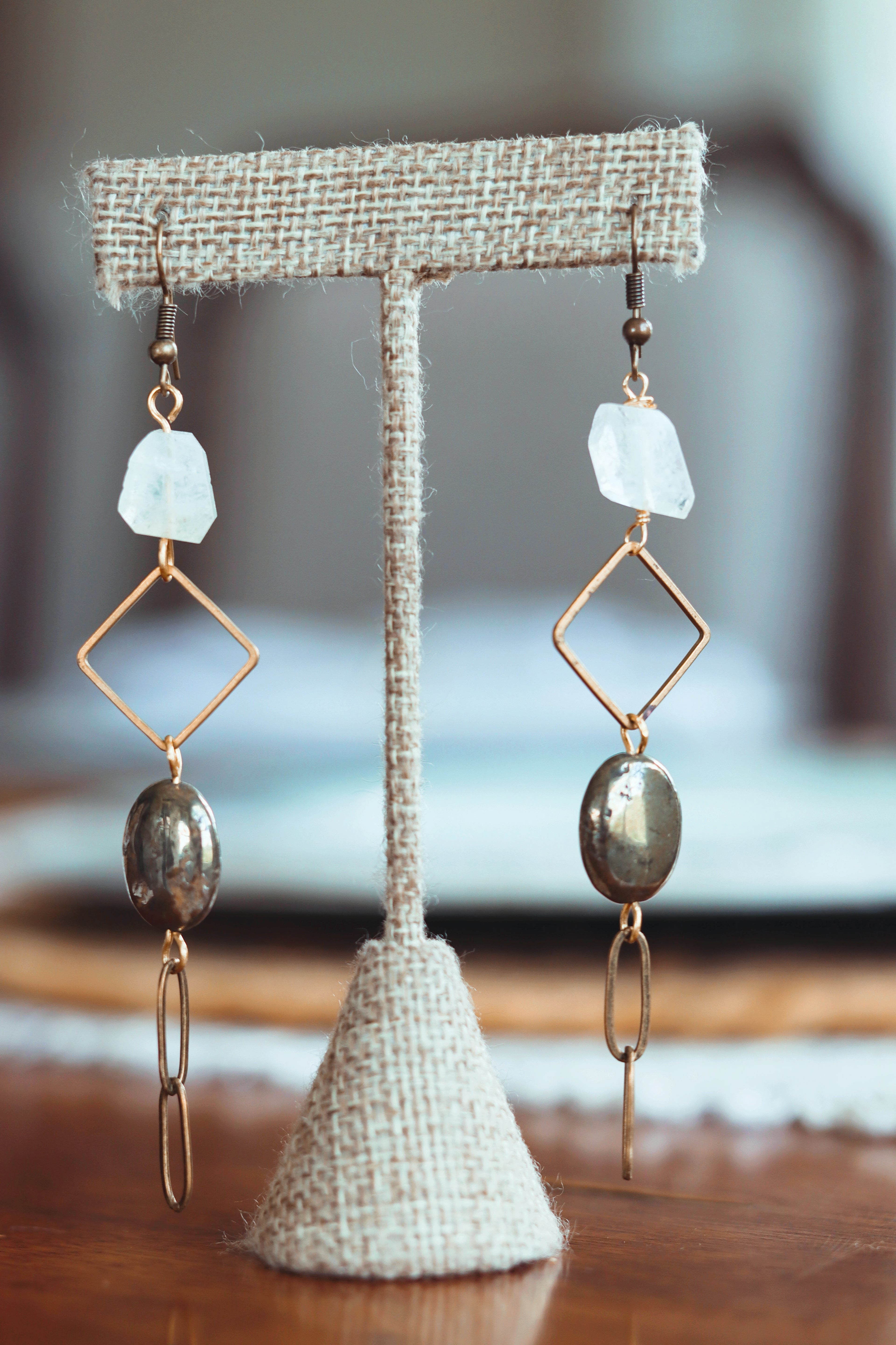 Moonstone and pyrite with brass earrings