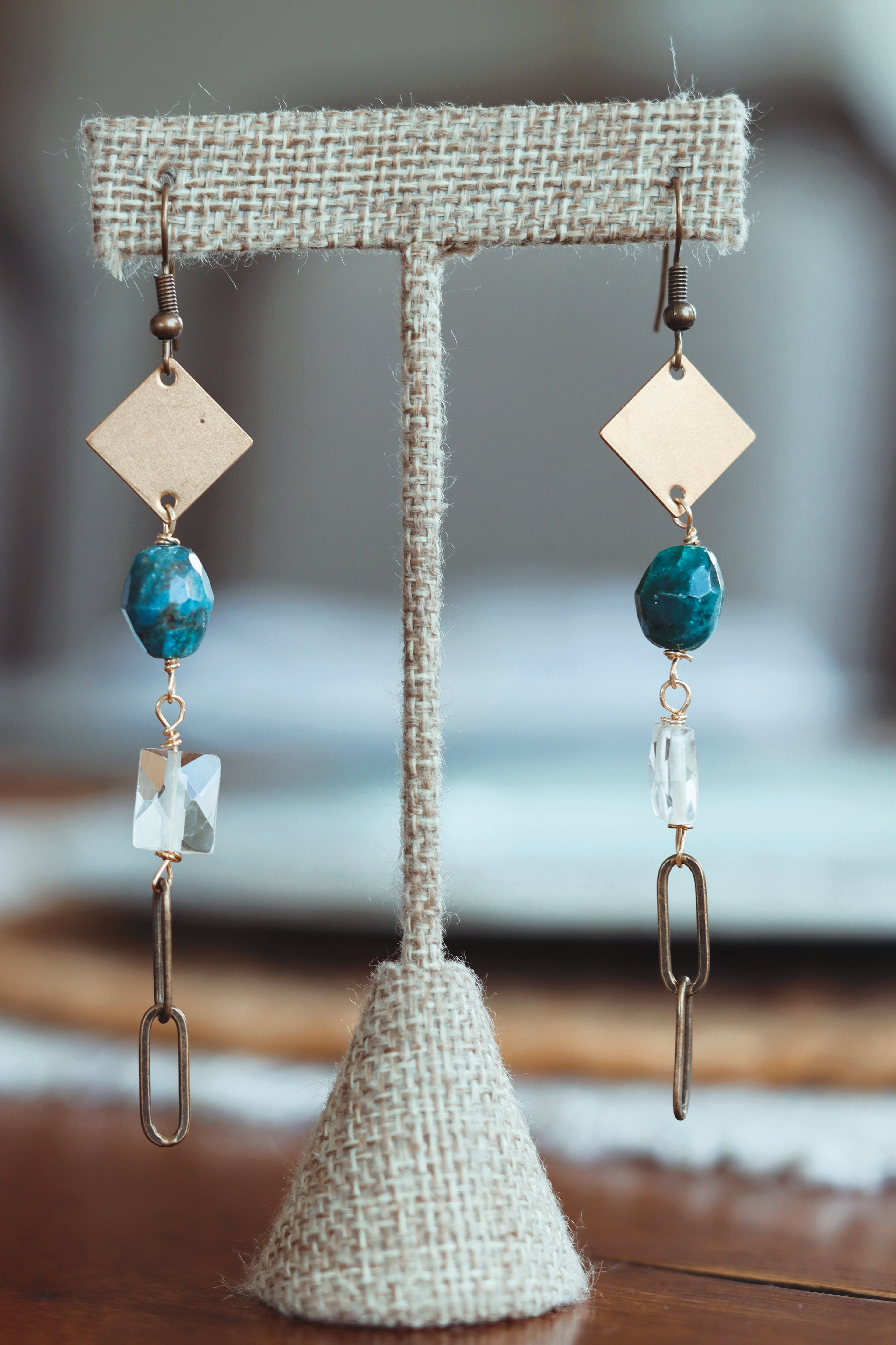 Brass square with natural blue stone earrings
