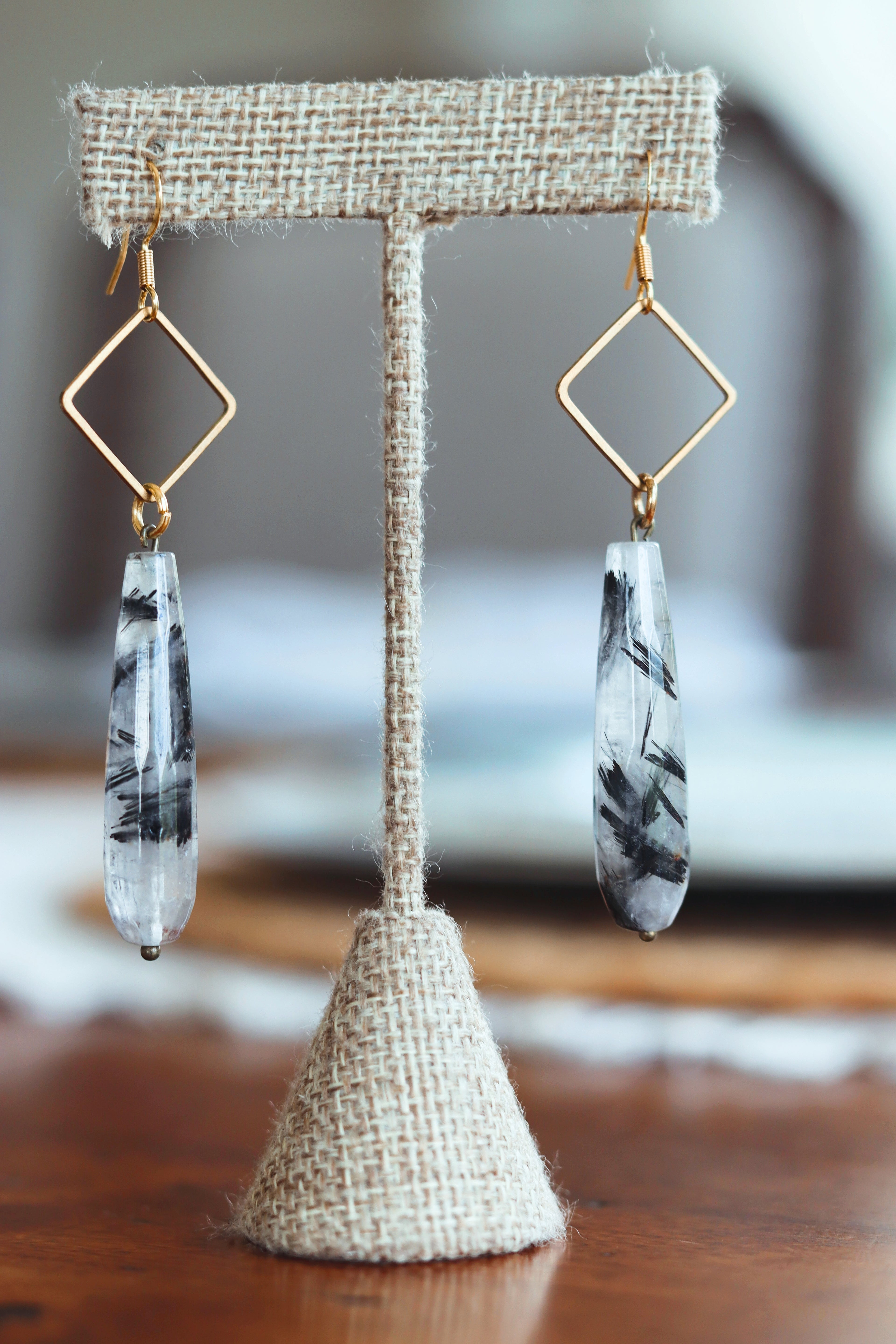 Large rutilated quartz drop earrings