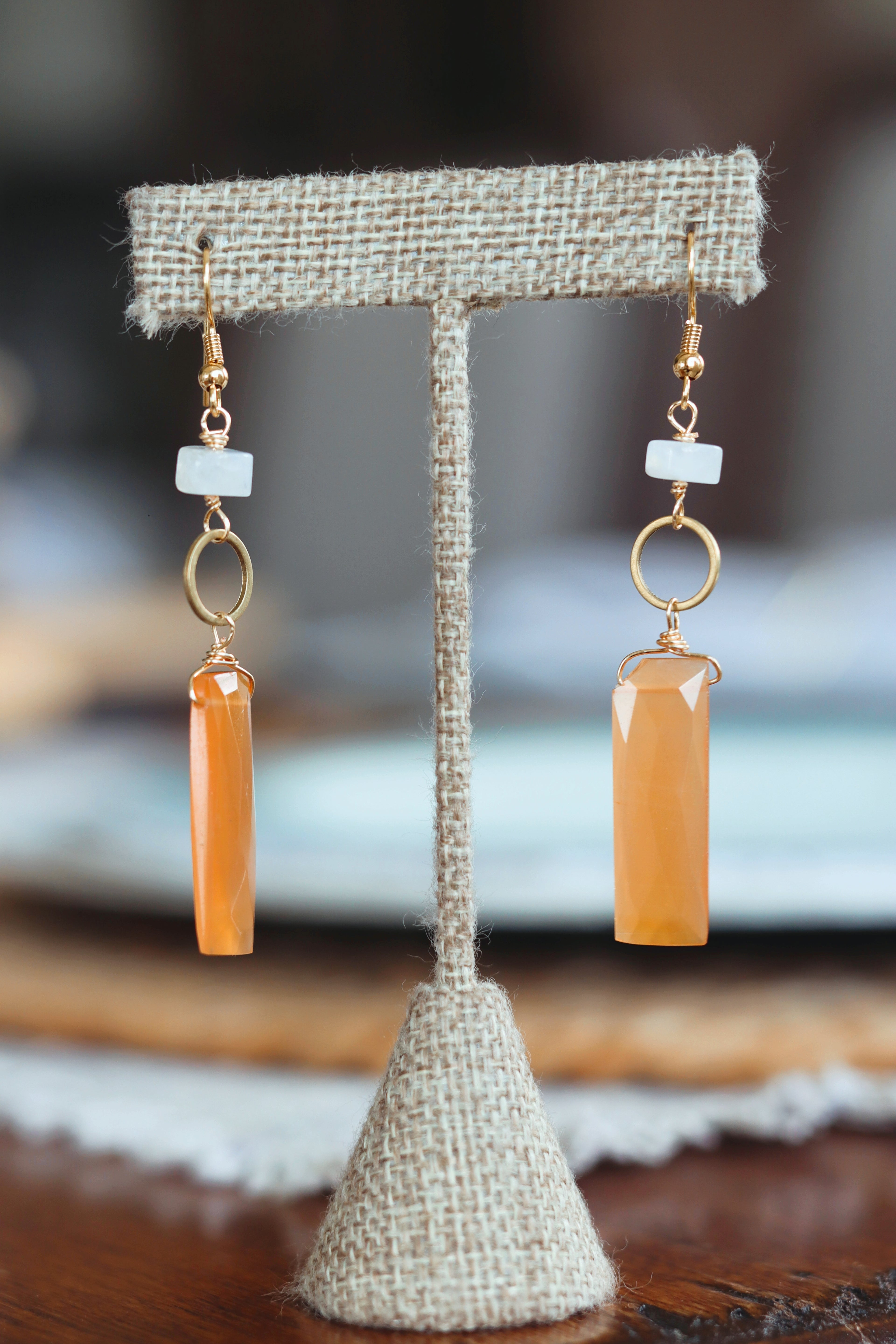 Natural orange stone with moonstone earrings