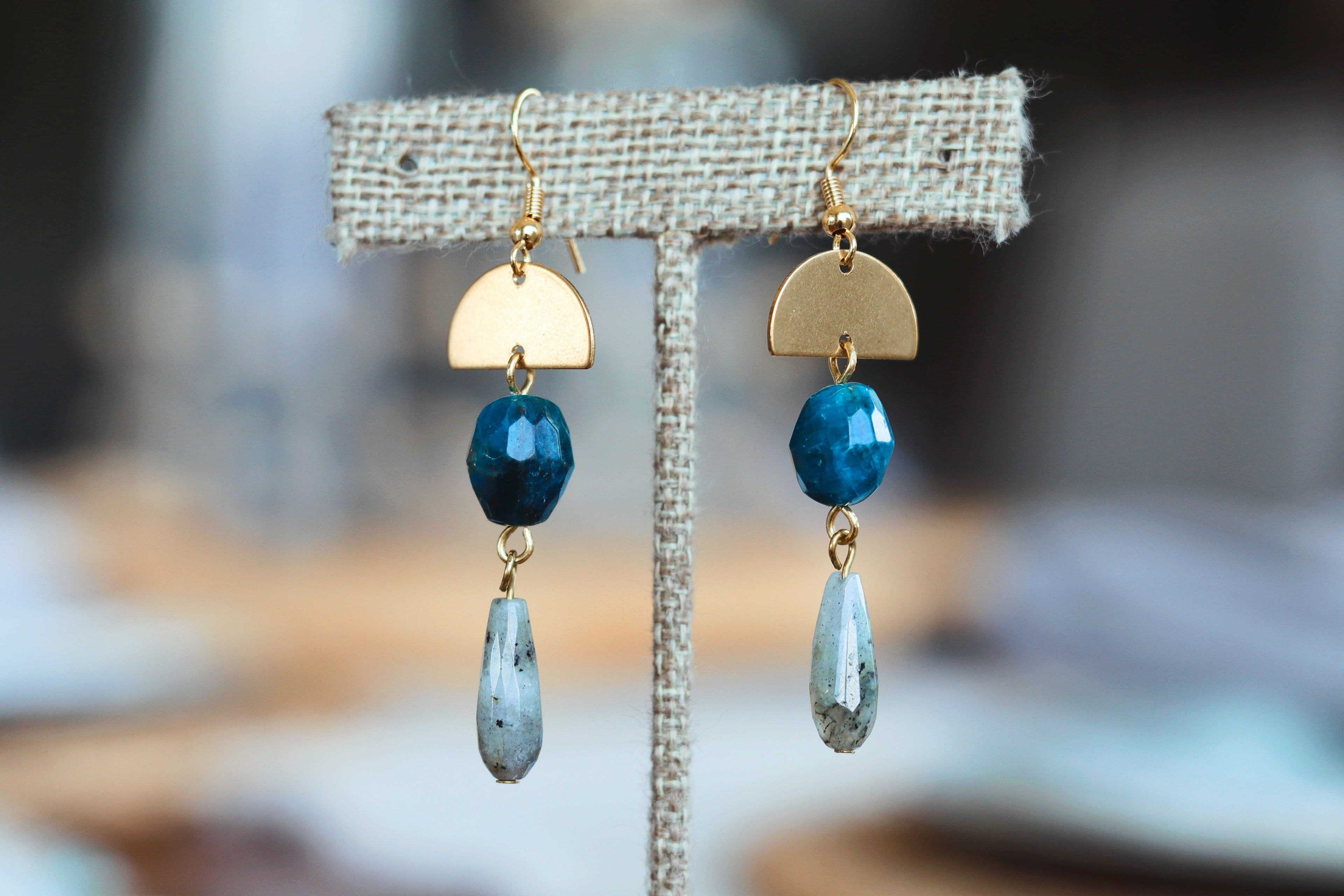 Brass, natural blue stone and labradorite earrings
