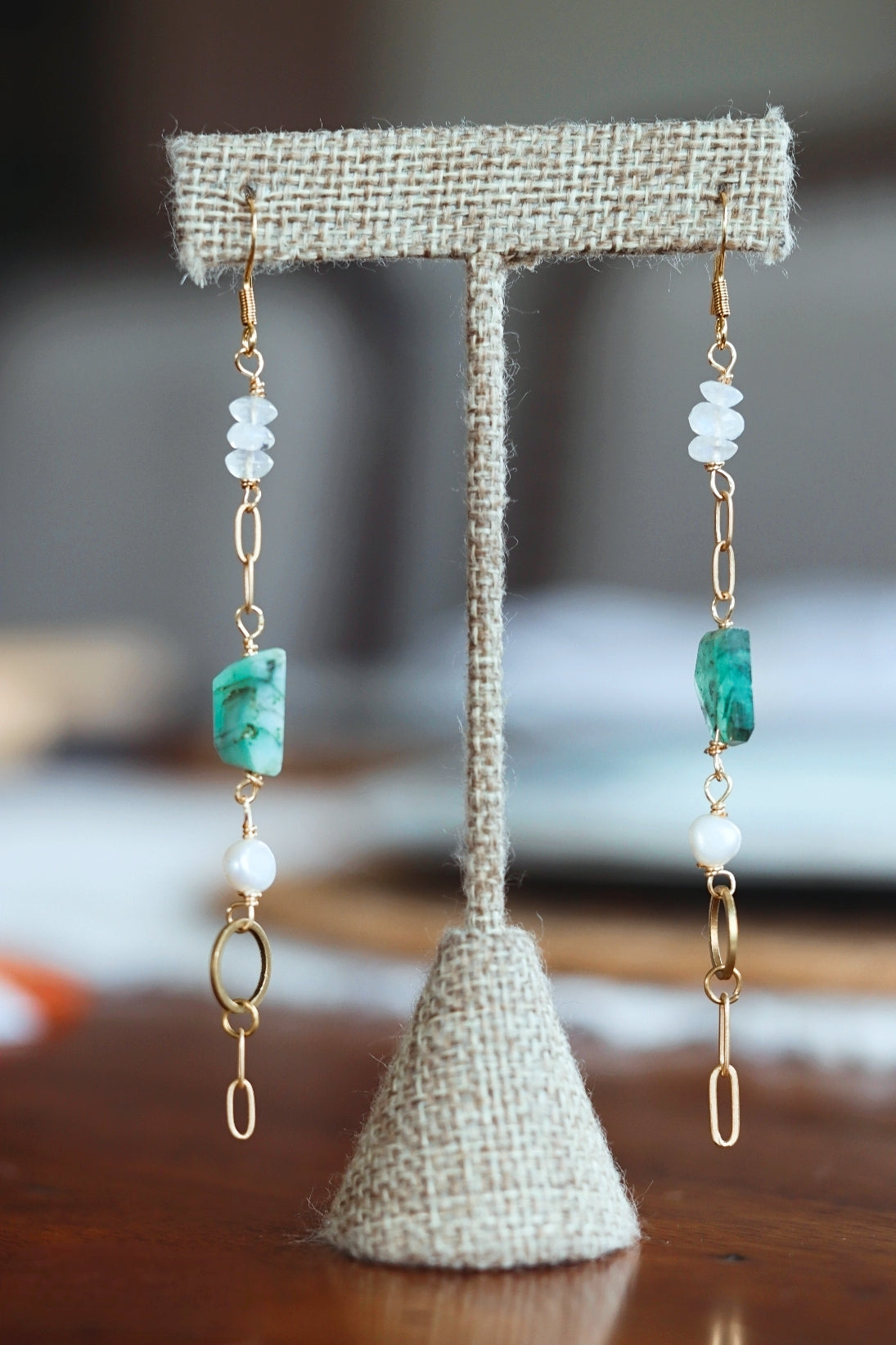 Chain drop earrings with natural green stone and moonstone