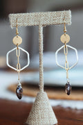 Two Tone Earrings with Chain and Smokey Quartz
