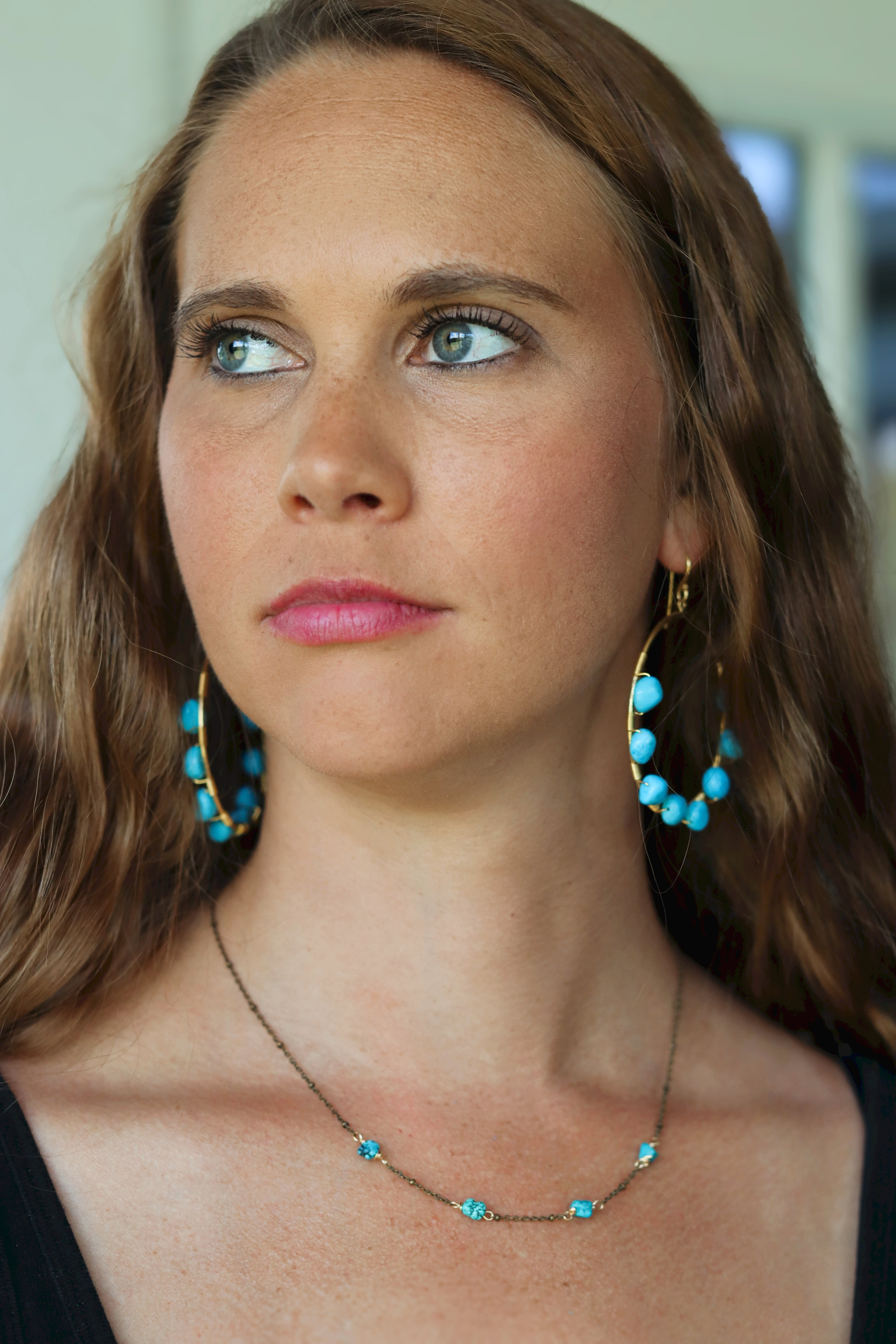 Natural blue turquoise stone hoop