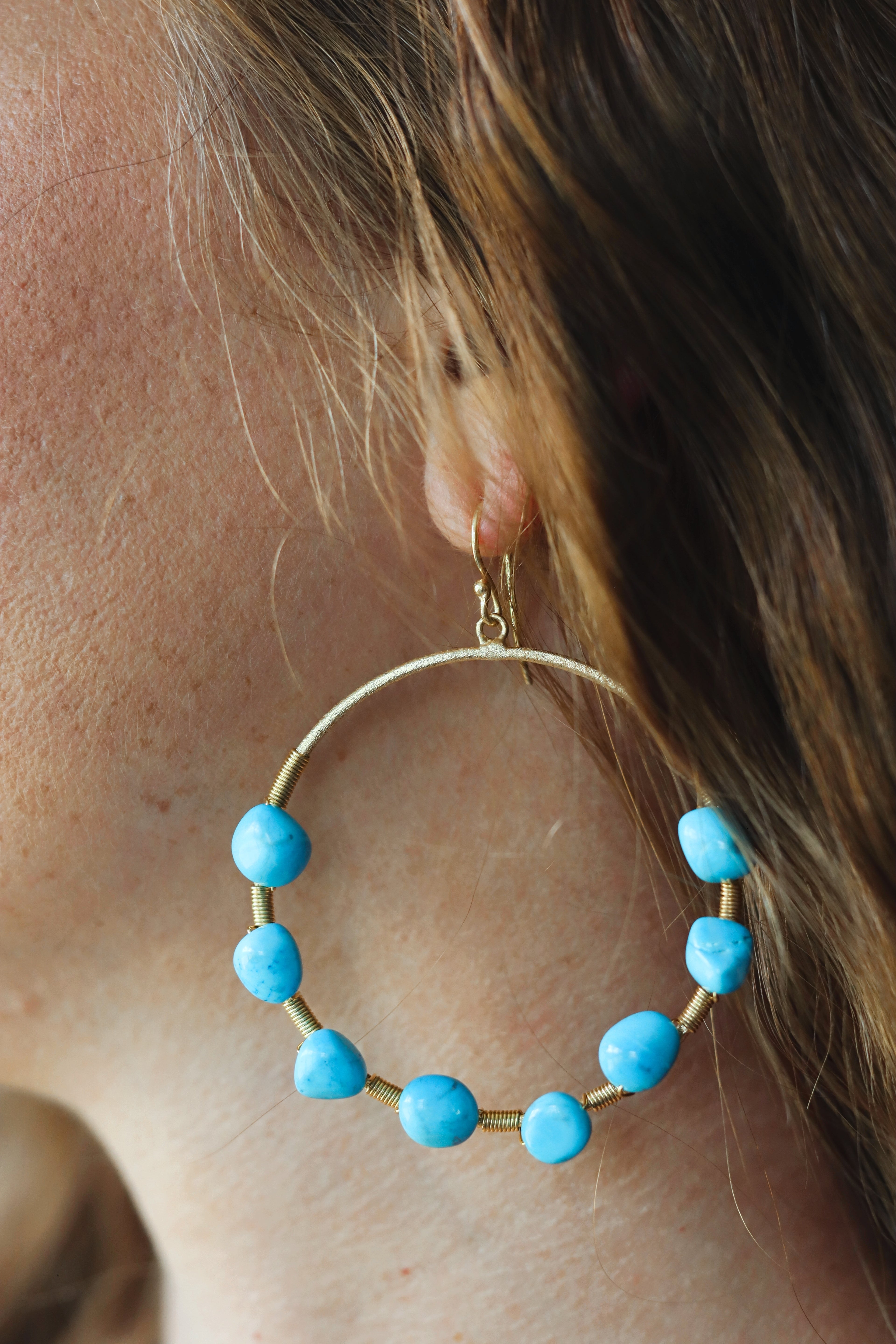 Natural blue turquoise stone hoop